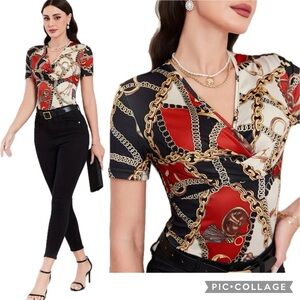 NWT Benin Boutique Baroque & Chain Print Surplice Wrap V-Neck Silky Stretch Top